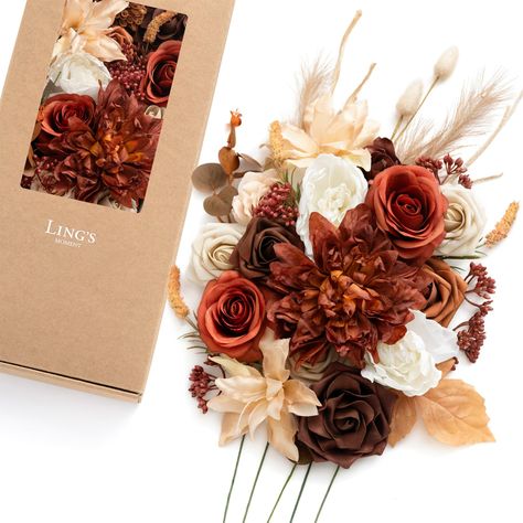 PRICES MAY VARY. 【Rust & Sepia】Create a warm and rustic romance with Ling’s rust & sepia wedding color collection. 【Material & Package】Including 28 pcs artificial flowers+ 8 pcs greenery. Silk Flowers: White Peony x2, Coffee Lily x2, Champagne Rose x1, Orange Rose x2, Red Dahlia x1 Foam Flowers: Walnut Brown Rose x1, 3" Burnt Orange Rose x4, 3" Tawny Beige Rose x5, Walnut Brown Avalanche Rose x3, Golden Glove Dahlia x3, Hazelnut Gardenia x1 Greenery & Accessories: Berry x1, Coffee Woad Leaf x1, Marsala Flowers, Pop Champagne, Event Centerpiece, Flowers And Greenery, Diy Wedding Bouquet, Fake Flower, Wedding Centerpieces Diy, Foam Flowers, Wedding Bridal Bouquets