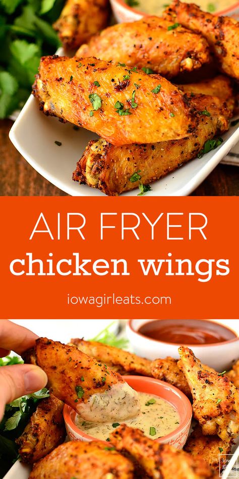 Ready for the crispiest chicken wings of your life? Air Fryer Chicken Wings are crisped in the air fryer with just a drizzle of oil and pinch of seasonings. | iowagirleats.com Air Fryer Wings, Dip Sauce, Air Fryer Chicken Wings, Chicken Wings Recipe, Air Fryer Oven Recipes, Air Fry Recipes, Iowa Girl Eats, Dipping Sauces, Wings Recipe