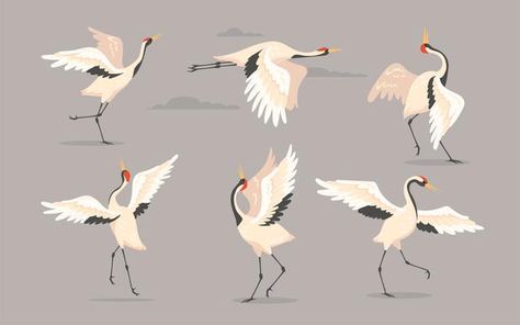 Japanese crane set. | Free Vector #Freepik #freevector #watercolor #nature #cartoon #bird Crane Bird Illustration, Cloisonne Painting, Giant Crane, Crane Drawing, Goose Drawing, Nature Cartoon, Cartoon Bird, Watercolor Nature, Inspirational Board