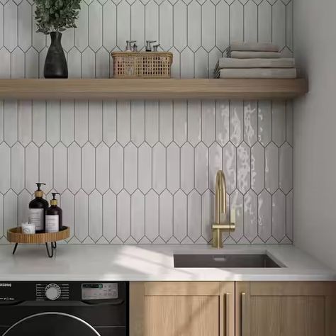 Picket Backsplash Tile Kitchen, Picket Wall Tile, Picket Tile Backsplash, Picket Tile, White Tile Kitchen Backsplash, White Kitchen Tiles, Bathroom Shower Walls, Tiles For Wall, Kitchen Refresh