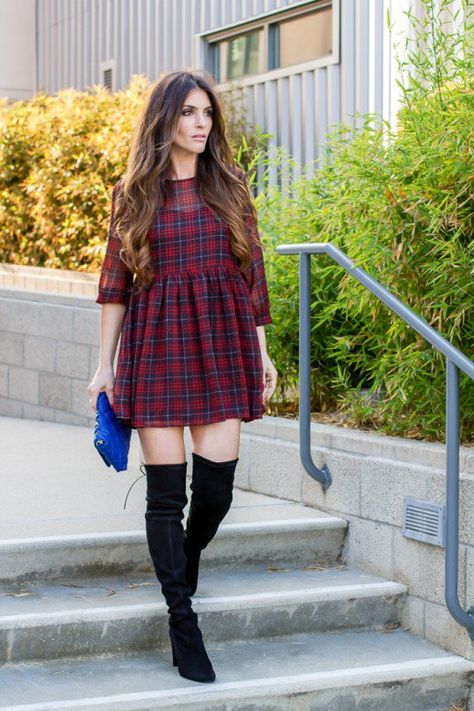 Empire waist babydoll plaid dress worn with over-the-knee suede boots. Black Over The Knee Boots, Cute Christmas Outfits, Tartan Dress, Thanksgiving Outfit, Wearing Clothes, Mode Vintage, Looks Style, Plaid Dress, Thigh High Boots