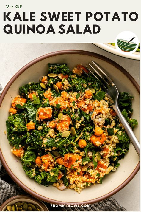 This Kale Sweet Potato Quinoa Salad puts a smoky-spicy twist on a classic winter salad! Roasted sweet potatoes, crispy chickpeas, chopped kale, and quinoa are drenched in a bold lemon-chipotle dressing to give you a wholesome meal with exciting flavors. Vegan and Gluten-Free. Sweet Potato Chickpea Quinoa Bowl, Quinoa With Kale Recipes, Winter Salad Vegan, Paleo Quinoa Recipes, Kale Winter Salad, Gluten Free Whole Food Recipes, Quinoa Sweet Potato Bowl, Sweet Potato Chickpea Salad, Sweet Potato Quinoa Bowl