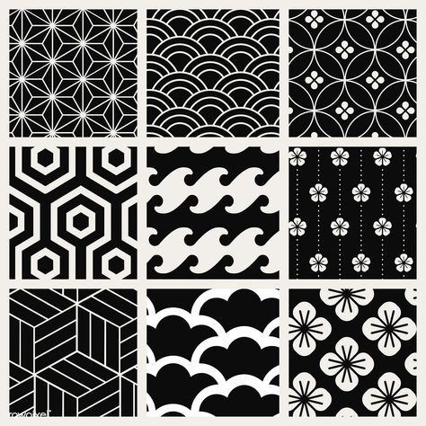 Japanese-inspired pattern vector set | free image by rawpixel.com / Tvzsu Patterns Black And White, Motif Vector, Flower Stencil Patterns, Wall Stencil Patterns, Pattern Stencil, Web Design Resources, Mandala Design Pattern, Stencil Pattern, Japanese Tattoo Art