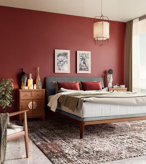 Cream And Burgundy Bedroom, Bedroom With Red Accent Wall, Red Wall Bedroom, Maroon Accent Wall Bedroom, Wine Red Bedroom, Burgundy Accent Wall Bedroom, Red Walls Bedroom, Red Feature Wall Bedroom, Magenta Accent Wall