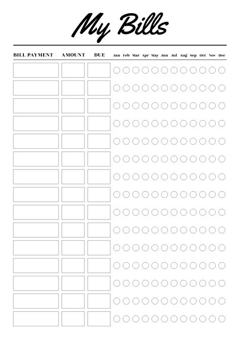 Keep your monthly bills in a one-page budget template. Here you can plan your expenses for each part of a yearly budget. It helps you don't miss paying a bill on time. Sections available in this template: Bill payment, Amount, Due, Monthly columns  #householdbudgetplanner #budgetplannertemplate #budget #plannerlove #organized Monthly Bills Checklist, Bill Spreadsheet Excel, New Year Budget Plan, Templates For Planners, Budget Planner Yearly, Bill Template Monthly Budget, House Bills List, Bill List Template, Apartment Expenses List