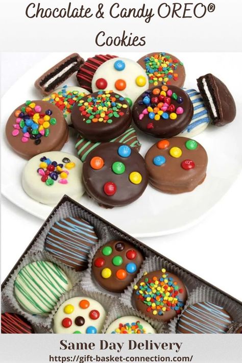 A delicious masterpiece of color and sweetness! These amazing Oreo® Cookies have been hand-dipped by our Artisans in milk, dark and white Belgian chocolate. Each cookie is artfully decorated in an assortment of candies and drizzled in contrasting colors of chocolate. A delectable treat that is perfect for wishing someone Happy Birthday! OREO® is a registered trademark of Mondelēz International Group.
Chocolate & Candy OREO® Cookies | $49.99 | Same Day Delivery - Order Now! Wishing Someone Happy Birthday, Oreo Cake Pops, Oreo Cookies Dipped, Giant Chocolate Chip Cookie, Birthday Chocolate, Fresh Baked Cookies, Dipped Cookies, Chocolate Crunch, Candy Sprinkles