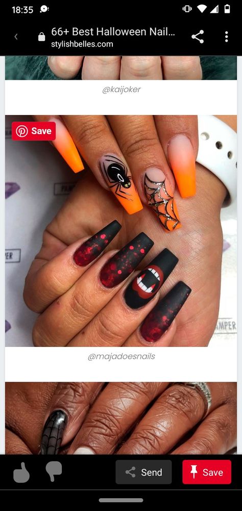 Black And Orange Nail Designs, Black Halloween Nail Designs, Split Nails, Orange Nail Designs, Orange Nail, Halloween Nail Designs, Halloween Nail, Black Halloween, Orange Nails