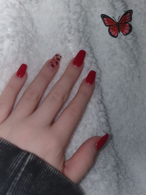 Red Homecoming Nails Acrylic, Red Nails With Butterfly, Red Nails With Butterflies, Nails Red Butterfly, Red Nails Butterfly, Red Nails For Homecoming, Red Butterfly Nails, Butterfly Acrylic Nails, Butterflies Nails Acrylics