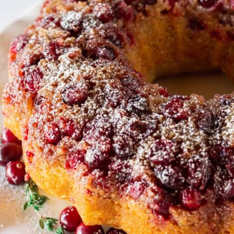 Easy Cranberry Upside Down Bundt Cake Recipe with a Cake Mix - Practically Homemade Cake Mix Pound Cake, Upside Down Bundt Cake, Cranberry Bundt Cake, Cranberry Upside Down Cake, Practically Homemade, French Vanilla Cake, Christmas Dessert Table, Cranberry Cake, Us Food