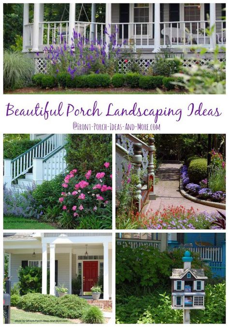 Landscape around your porch and super charge your home's curb appeal. Plenty of wonderful landscaping ideas found at Front-Porch-Ideas-and-More.com #landscaping #porchlandscaping #landscapingideas Tall Porch Landscaping, Farmers Porch Landscaping, Porch Lattice, Landscaping House, Amazing Landscaping, Front Porch Landscape, Thyme Garden, Pot Trellis, Porch Pillars