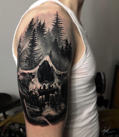 Skull And Forest Tattoo Design, Dark Tree Tattoo Designs, Raven Tattoo Sleeve For Men, Small Forest Tattoo, Outside Forearm Tattoo Men Ideas, Tyler Tattoo, Shoulder Cover Up Tattoos, Outer Bicep Tattoos, Skull Forest