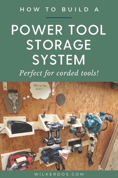 I finally built a storage system for my power tools, including those with cords. Following the French Cleat System, I now have all of my power tools organized. Get my steps for how I built this system. Corded Power Tool Storage, Tool Shop Organization, April Wilkerson, Tool Closet, Workshop Organization Ideas, Building Organization, Diy Tool Storage, Tool Organization Ideas, Toolbox Ideas