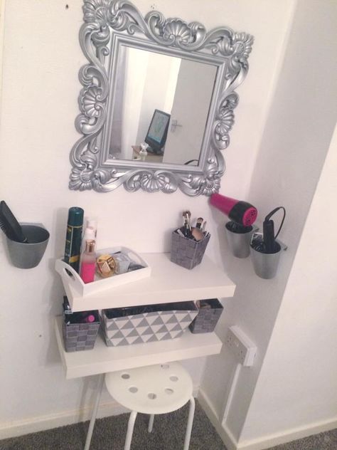 DIY dressing table IKEA hack Floating shelf Grey&white  Girls bedroom Ikea Girls Bedroom, White Girls Bedroom, Diy Dressing Tables, Small Bedrooms, Bedroom Dressing Table, Teen Girl Bedroom, Dekorasi Kamar Tidur, Diy Vanity