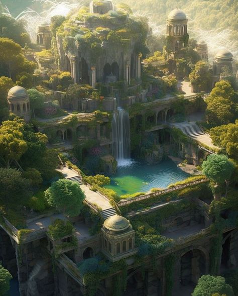 Fantasy Beach House Concept Art, Fantasy Architecture Concept Art, Fantasy Ruins, Castle Concept Art, Mythical Places, Fantasy Kingdom, Magical City, Fantasy Garden, Fantasy Town