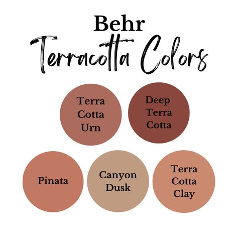 behr terracotta colors-terra cotta urn, deep terra cotta, pinata, canyon dusk, and terra cotta clay Warm Terracotta Behr Paint, Behr Spiced Potpourri, Rust Behr Paint, Terra Cotta Wall Color Bedroom, Terra Cotta Urn Behr, Behr Copper Paint Colors, Terra Cotta Bathroom Vanity, Baked Clay Paint Color, Terracotta Behr Paint