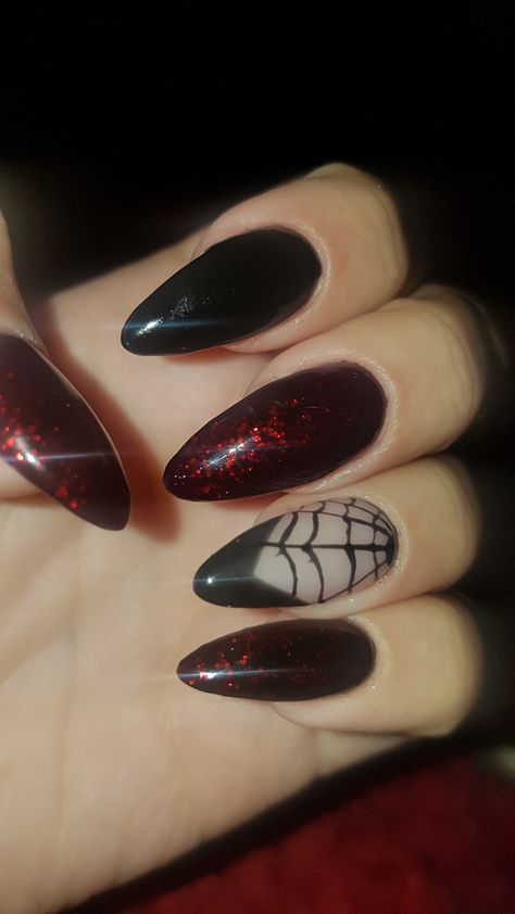 Cob Web Nails, Black And Red Halloween Nails, Cob Web, Black Halloween Nails, Sharp Claws, Cartoon Nails, Halloween Acrylic Nails, Inspired Nails, Nail Stuff