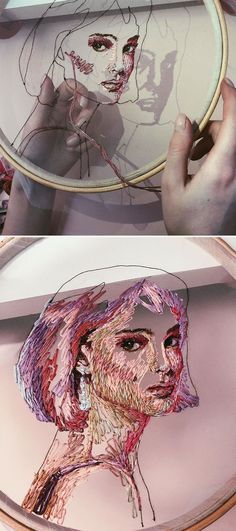 I Stitch Colorful Threads Into Tulle To Create a 3D-Effect On My Artwork (47 Pics) Hands Embroidery, Portrait Embroidery, Embroidered Art, Pola Sulam, Thread Art, Thread Painting, Hand Embroidery Art, Hand Embroidery Stitches, Sewing Art