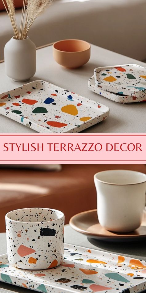 Stylish handmade terrazzo coasters and trays showcased in two images, perfect for home decor and everyday use. Terrazzo Coasters, Terrazzo Design, Marble Quartz, Modern Farmhouse Living Room, Serving Drinks, Table Dining, Composite Material, Modern Homes, Unique Patterns