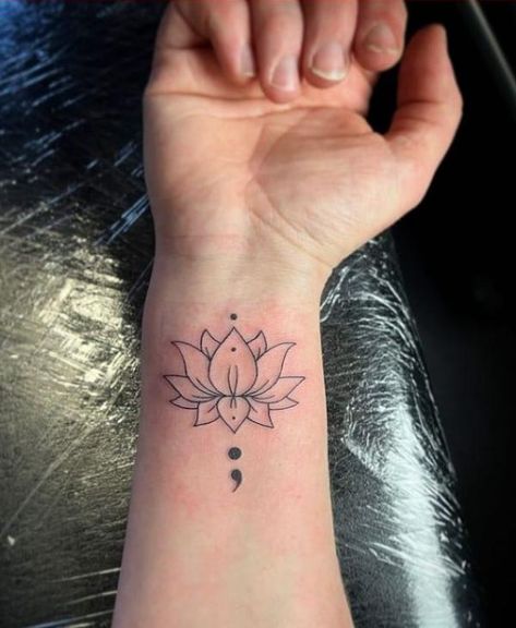 Tattoo Ideas Female Meaningful Wrist, Lotus Flower Tattoo With Semi Colon, Lotus Flower And Semicolon Tattoo, Crps Tattoo, Semi-colon Tattoo Ideas Design, Unique Semicolon, Semi Colon Tattoo, Semicolon Tattoo Meaning, Semicolon Tattoos