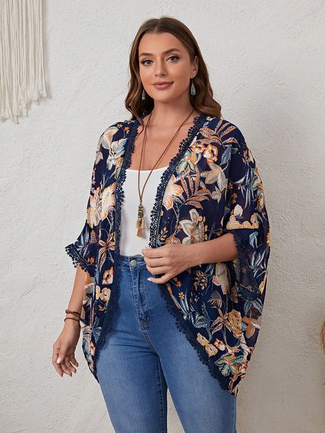 Plus Tropical Print Contrast Lace Kimono Multicolor   Three Quarter Length Sleeve Woven Fabric Floral,All Over Print  Non-Stretch Summer Women Plus Clothing, size features are:Bust: ,Length: ,Sleeve Length: Look Kimono, Casual Outfits Plus Size, Plus Size Kimono, Sophisticated Outfits, Lace Kimono, Modern Wardrobe, Fabric Floral, Plus Size Kleidung, Kids Beachwear