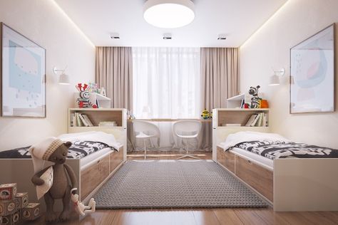 In a children's bedroom, twin beds bank along each wall with smart storage built underneath. Matching chairs and bookcases ensure perfect symmetry. Kids Shared Bedroom, Shared Girls Bedroom, Twin Beds, Dekorasi Kamar Tidur, Girl Bedroom Designs, Bedroom Bed Design, Trendy Bedroom, Kids Room Design, Apartment Interior Design