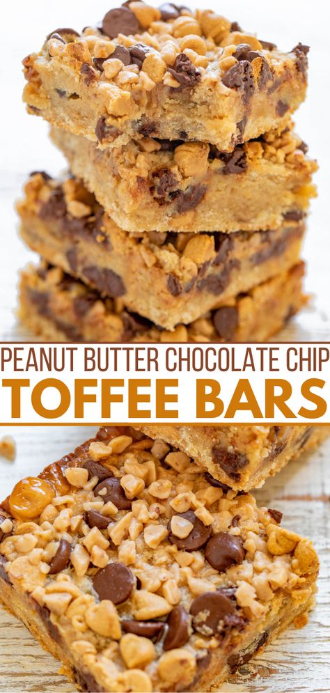 Peanut Butter Chocolate Chip Toffee Bars - Averie Cooks Peanut Butter Toffee Bars, Chocolate Chip Toffee Bars, Peanut Butter Chip Recipes, Toffee Bar, Sweet Slices, Easy Bar Recipes, Toffee Chips, Averie Cooks, Toffee Bars