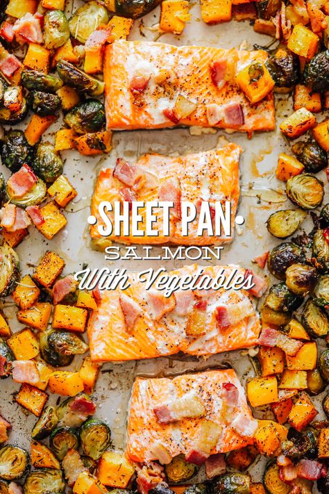 Sheet Pan Salmon with Brussels and Butternut Squash #realfood #cleaneaating #healthyrecipes #healthydinner #salmonrecipe #livesimply Brussels Sprouts And Butternut Squash, Sheet Pan Salmon, Sprouting Sweet Potatoes, Pan Salmon, Salmon And Sweet Potato, Honey Salmon, Paleo Dinner, Sheet Pan Dinners, Squash Recipes