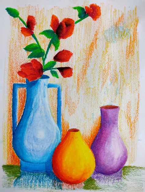 Flower Vase Still Life, Flower Vase Drawing, Cartoon Drawing For Kids, Oil Pastel Drawings Easy, Oil Pastel Colours, Easy Art For Kids, Art Painting Tools, Colored Pencil Artwork, Oil Pastel Paintings