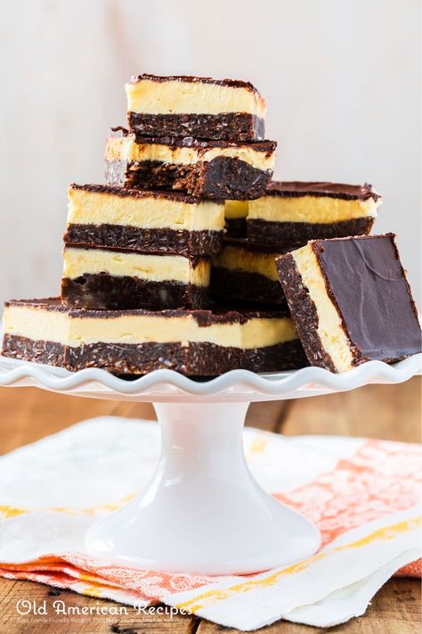 Namaimo Bars - Old American Recipes Canadian Dessert, Nanaimo Bars, Custard Powder, American Recipes, Custard Filling, Dessert Ingredients, Chocolate Topping, Cookie Crumbs, Cookie Exchange