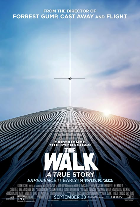 The Walk starring Joseph Gordon-Levitt. In IMAX theaters September 30, 2015. The Walk Movie, Robert Zemeckis, Joseph Gordon Levitt, 2015 Movies, Forrest Gump, My Movie, Trade Centre, Twin Towers, Alfred Hitchcock