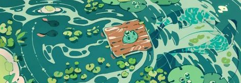 dewfroq on ig!!! Frog Banner Discord, Frog Laptop Wallpaper, Frog Header, Frog Banner, Frog In A Pond, Notion Banner, Notion Library, Frog Theme, Banner Drawing