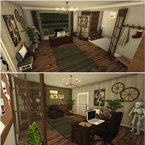 Bloxburg Living Room Ideas Vintage, Bloxburg Vintage, Bloxburg Office Ideas, Bloxburg Town Layout Small Plot, Bloxburg Office, Dark Academia Living Room, Bloxburg Decor, Coquette Girlies, Town Layout