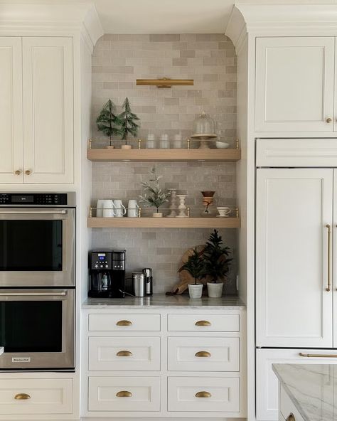 a kitchen with white cabinets Decorating Above Kitchen Cabinets Ideas, Above Cabinet Decor, Decorating Above Kitchen Cabinets, Coffee Station Kitchen, Coin Café, Above Kitchen Cabinets, Above Cabinets, Farmhouse Cabinets, Home Coffee Stations