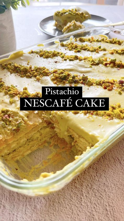 Pistachio Nescafe Cake (No Bake Cake!) I’m levelling up my last years viral Nescafe Cake to a pistachio one, with an addition of cream cheese for a creamier texture. It is so delectable and not overly sweet at all. I love how light this dessert is especially after breaking my fast during Ramadan. You should definitely add this to your iftar table! 2 cups heavy whipping cream 1 cup pistachio spread ½ block cream cheese 1 tsp vanilla 1.5 cups boiling water 2 tbsp Instant Nescafe Package of tea b Nescafe Cake, Pistachio Spread, Iftar Table, Cake No Bake, Bake Cake, 2 Block, Whipping Cream, Table 2, Heavy Whipping Cream