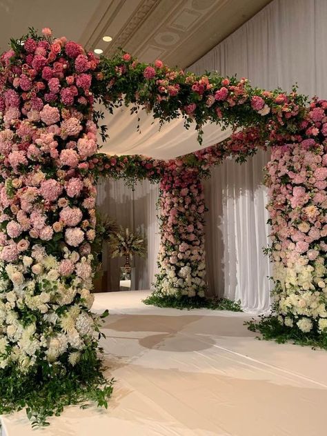 Floral Entryway Wedding, Wedding Entrance Arch Decor, Flower Partition, Wedding Entrance Decor Entryway, Extravagant Wedding Decor, Entrance Inspiration, Mandap Ideas, Floral Mandap, Chuppah Ideas