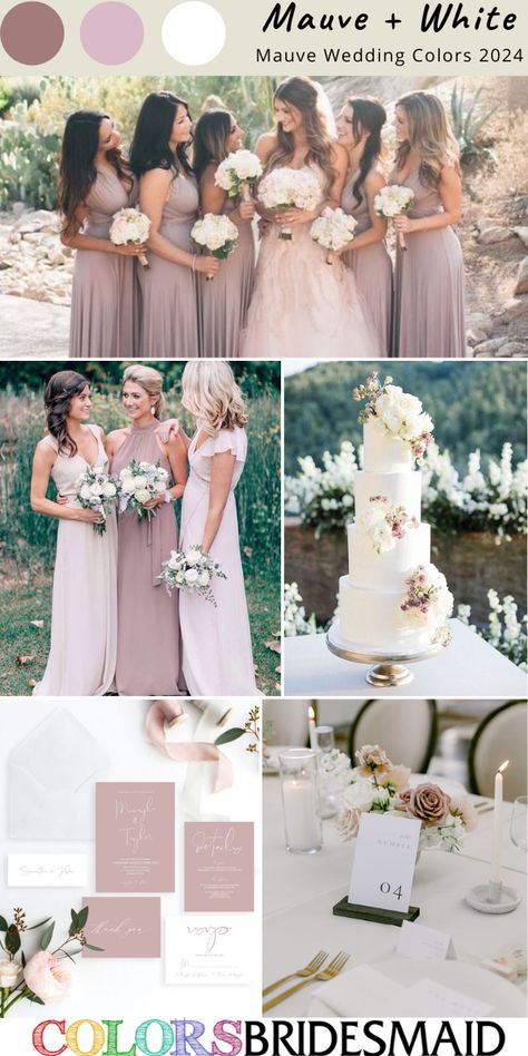 Best 8 Mauve Wedding Color Combos for 2024 - ColorsBridesmaid Mauve Wedding Centerpieces, Mauve And White Wedding, Country Wedding Colors, Mauve Bridesmaid Dresses, Bridesmaid Dresses White, Mauve Wedding Invitations, Mauve Wedding Colors, Choosing Wedding Colors, Champagne Wedding Colors