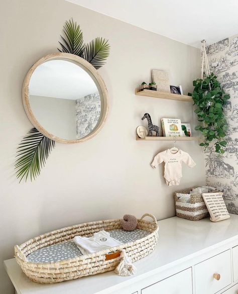 Baskets For Baby Room, Sage Safari Nursery, Sage And Beige Nursery, Sage Green Jungle Nursery, Boho Changing Table, Boho Nursery Green, Sage Nursery Girl, Baby Changing Station Ideas, Sage Baby Nursery