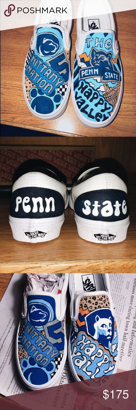 Penn State Custom Shoes •White slip on vans with leather paint •Custom Personalized shoes •Sprayed with Clear seal •Will not chip or peel •NOT DURABLE FOR RAIN Vans Shoes Sneakers Shoe Drawings, Shoe Spray, College Shoes, White Slip On Vans, College Gameday Outfits, Gameday Outfits, Mens Vans Shoes, Short Hills, College Gameday