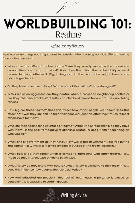 This little series of world-building aspects continues! Today, I have a few things you should consider when planning different realms in your fantasy world. Check out my world-building 101 board to find more posts like this that will help you create unique, convincing, and interesting fantasy worlds! Different Realms, Menulis Novel, Writing Inspiration Tips, Writing Fantasy, World Building, Writing Dialogue Prompts, Creative Writing Tips, Writers Notebook, Fantasy Worlds