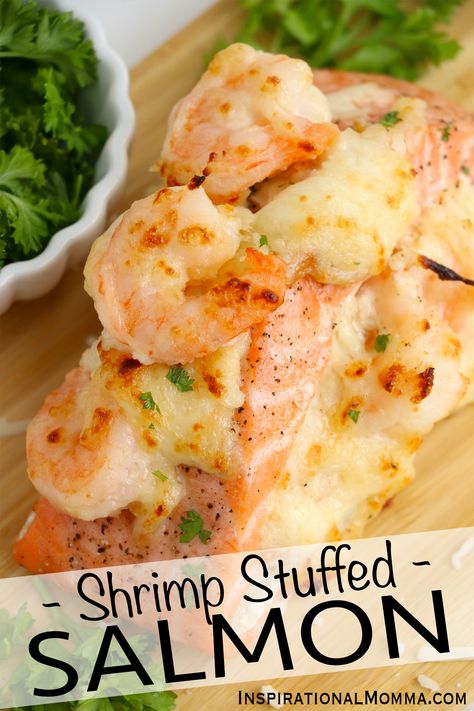 Easy Salmon And Shrimp Recipes, Stuff Salmon With Shrimp, Creamy Salmon And Shrimp Recipes, Salmon And Shrimp Recipes Healthy, Shrimp Topped Salmon, Salmon With Shrimp Recipes, Stuffed Salmon With Shrimp, Salmon Pinwheels Crab Stuffed, Stuffing For Salmon Recipe