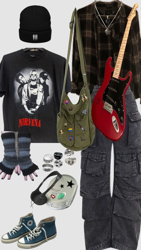 #grunge #aethedic #rock #rings #guitar #flannels #imsogay Indie Grunge Outfits, 6th Form Outfits, Boys Aesthetic Outfits, Moda Grunge, Baggy Outfit Ideas, Rock Rings, Earthy Outfits, Casual Preppy Outfits, Swaggy Outfits