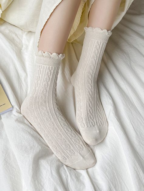 Beige  Collar  Polyester Plain Crew Socks Embellished   Women Socks & Hosiery Plain Socks Aesthetic, Aesthetic Socks Vintage, Coquette Socks Aesthetic, Fancy Socks Women, Cool Socks Aesthetic, Feminine Socks, Cute Socks Aesthetic, Coquette Socks, Elegant Socks