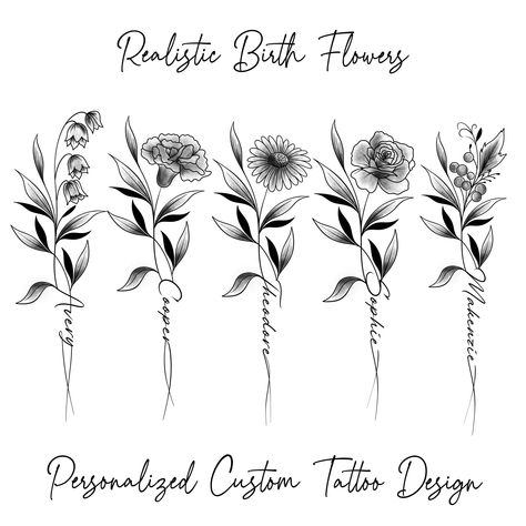 3 Flower Tattoo Design, June Flower Tattoo With Name, Dec Birth Flower Tattoos, Birth Flower Tattoo With Name In Stem, Intertwined Birth Flower Tattoo, July Birth Flower Tattoo, Line Art Birth Month Flowers, Name Tattoos On Wrist, Name Flower Tattoo