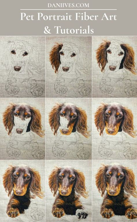 Fiber Artist Dani Ives creates custom artwork, including needle felted pet portraits. You can learn how to create realistic pet portraits in her online needle felting courses. Cat Portrait Painting, Dog Portraits Art, Portrait Tutorial, Dog Embroidery Designs, Felt Crafts Patterns, Needle Felted Dog, Felted Wool Crafts, Felt Pictures, Needle Felting Tutorials