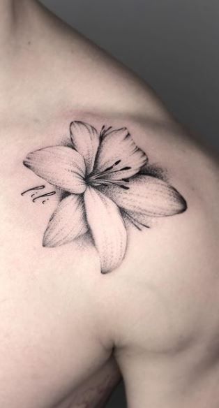 Lily Tattoo Realistic, Lily Tattoo Ideas Female, Lily Tattoo Design For Men, Water Lily Tattoo Men, Lily Flower Tattoos Men, Lilly Tattoo For Men, Butterfly Lily Tattoo, Lilly Tattoo Men, Star Lily Tattoo