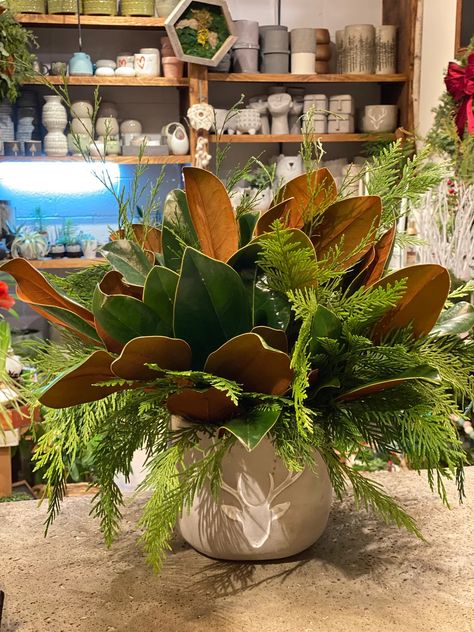 Magnolia Flower Christmas Tree, Magnolia Leaves Arrangement, Thanksgiving Decorations Modern, Magnolia Leaves Decor, Magnolia Pods Crafts, Magnolia Leaf Centerpiece, Decorating With Eucalyptus, Leave Decorations, Plants As Centerpieces