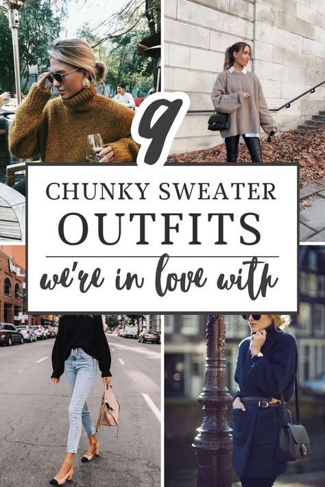 The chunky knit sweater, 9 ways! Here's 9 winter outfit ideas to get excited about! Brown Sweater Leggings Outfit, Chunky Sweater And Jeans Outfit, Beige Sweater Outfit Fall, Sweater Flannel Outfit, Chunky Oversized Sweater Outfit, Style Cashmere Sweater, Fall 2024 Sweater Outfits, Beige Chunky Sweater Outfit, Navy Sweater Outfit Work