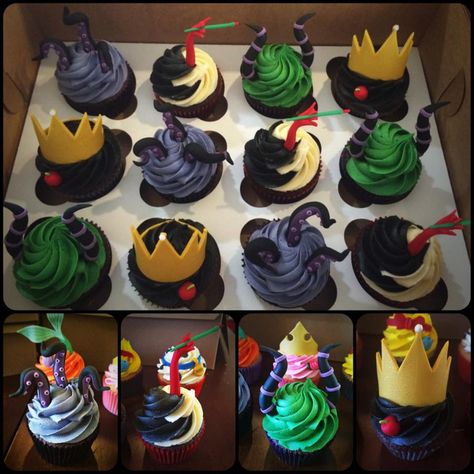 Princess And Villain Birthday Party, Cruella Deville Cupcakes, Cupcakes Disney Theme, Disney Villains Cupcakes, Disney Villains Birthday Cake, Disney Villian Birthday Party, Disney Halloween Cupcakes, Disney Villains Birthday Party Ideas, Villian Party Ideas