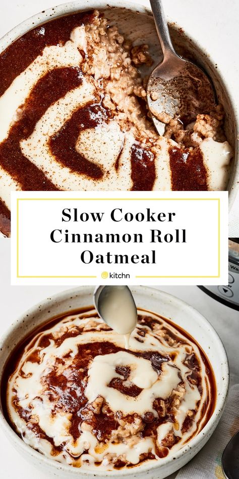 Slow Cooker Cinnamon Roll Oatmeal | Kitchn Cinnamon Roll Oatmeal, Crockpot Oatmeal, Slow Cooker Oatmeal, Recipe Slow Cooker, Overnight Recipes, Breakfast Oatmeal Recipes, Breakfast For A Crowd, Crockpot Breakfast, Oatmeal Breakfast