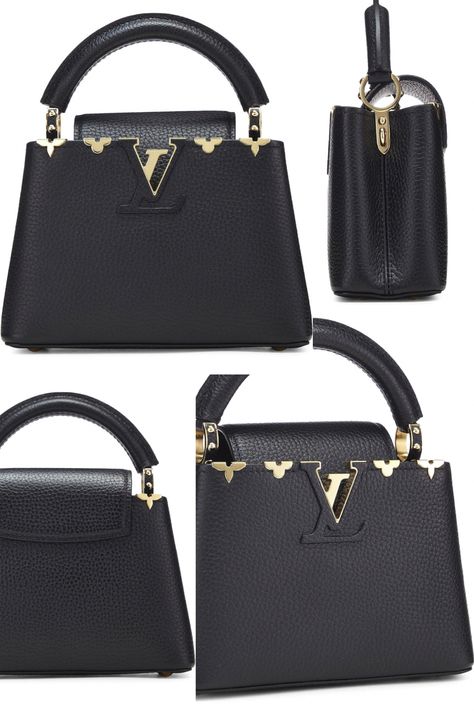 Proof that monograms and logomania are only a fraction of what the French fashion house does best, this Louis Vuitton mini Capucines top-handle-meets-crossbody silhouette comes rendered in black grained Taurillon calfskin leather that's delicately accented with gold-tone brass hardware for hints of shine. Open yours to reveal a lightly compartmentalized leather interior that'll fit your must-haves from day to night. #louisvuittonbag #louisvuittonhandbags #louisvuitton Louis Vuitton Capucines Mini, Capucines Mini, Louis Vuitton Capucines, Black Luxury, Luxury Store, French Fashion, Fashion House, Leather Interior, Brass Hardware